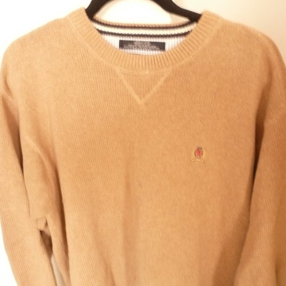 vintage men's hilfiger crew neck sweater tan sz L - Picture 1 of 3